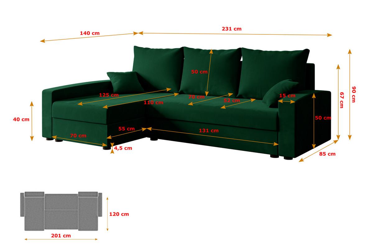 ECKSOFA mit Schlaffunktion und Bettkasten ALESIA-L 231x140x90 cm Grün Velours - Silberfarben/Grün, Holzwerkstoff/Kunststoff (231/140cm) - ALTDECOR