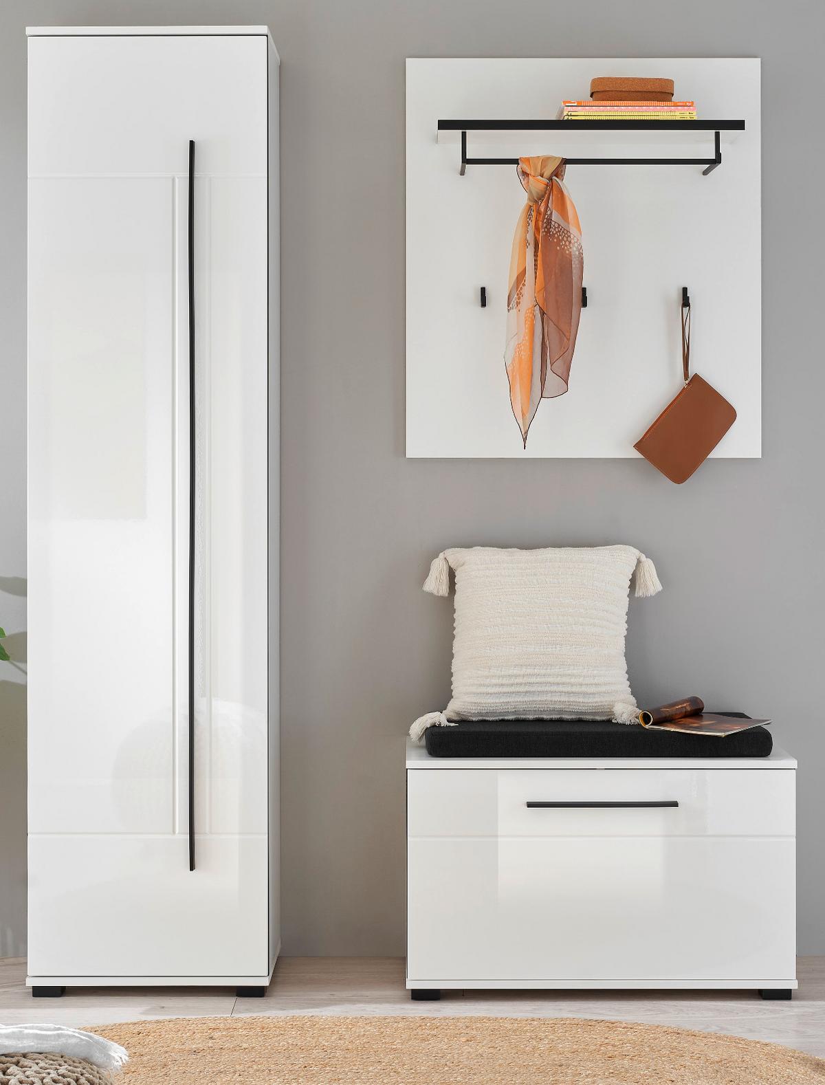 GARDEROBEN-SET weiß Hochglanz 4-teilig 140 cm, Flurgarderobe mit Soft-Close - Dunkelgrau/Weiß Hochglanz, Holzwerkstoff/Kunststoff (140/200/40cm) - Furn.Design