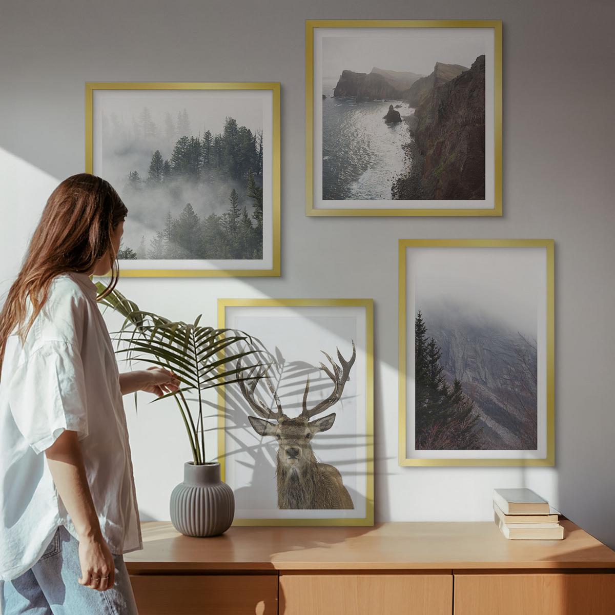 BILDER SET 4er Set - 50x50 cm & 40x60 cm Goldrahmen - Berglandschaft Nebel Hirsch - Goldfarben, Kunststoff (50/50cm) - TULUP