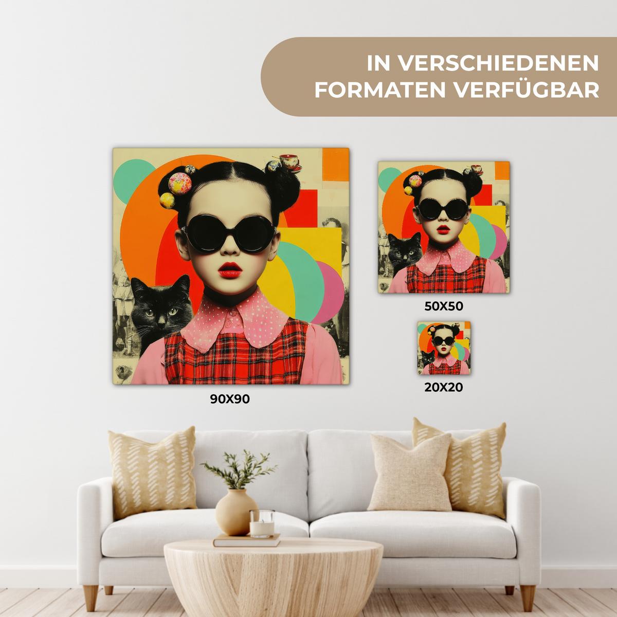 LEINWANDBILD Mädchen - Sonnenbrille - Katze - Retro Wandbild Wohnzimmer 50x50 cm - Beige, Textil (50/50cm) - MuchoWow