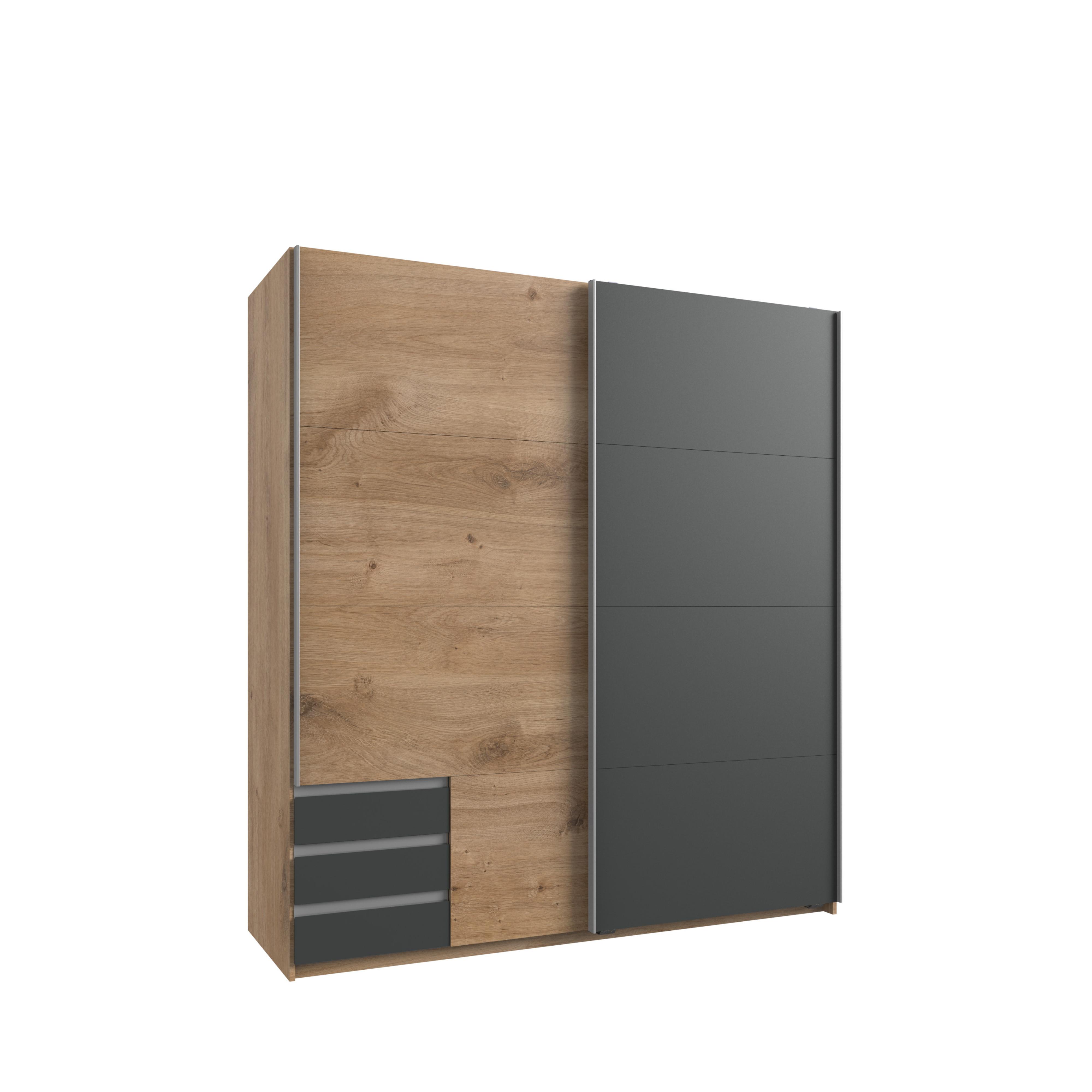 SCHWEBETÜRENSCHRANK 2-türig B179/H198/T65 cm, Kleiderschrank in Eiche Dekor, 1x Tür & sichtbare Schubkästen in Grafit / 22692 - Eichefarben/Graphitfarben, Holz/Holzwerkstoff (179/198/65cm) - luma-home