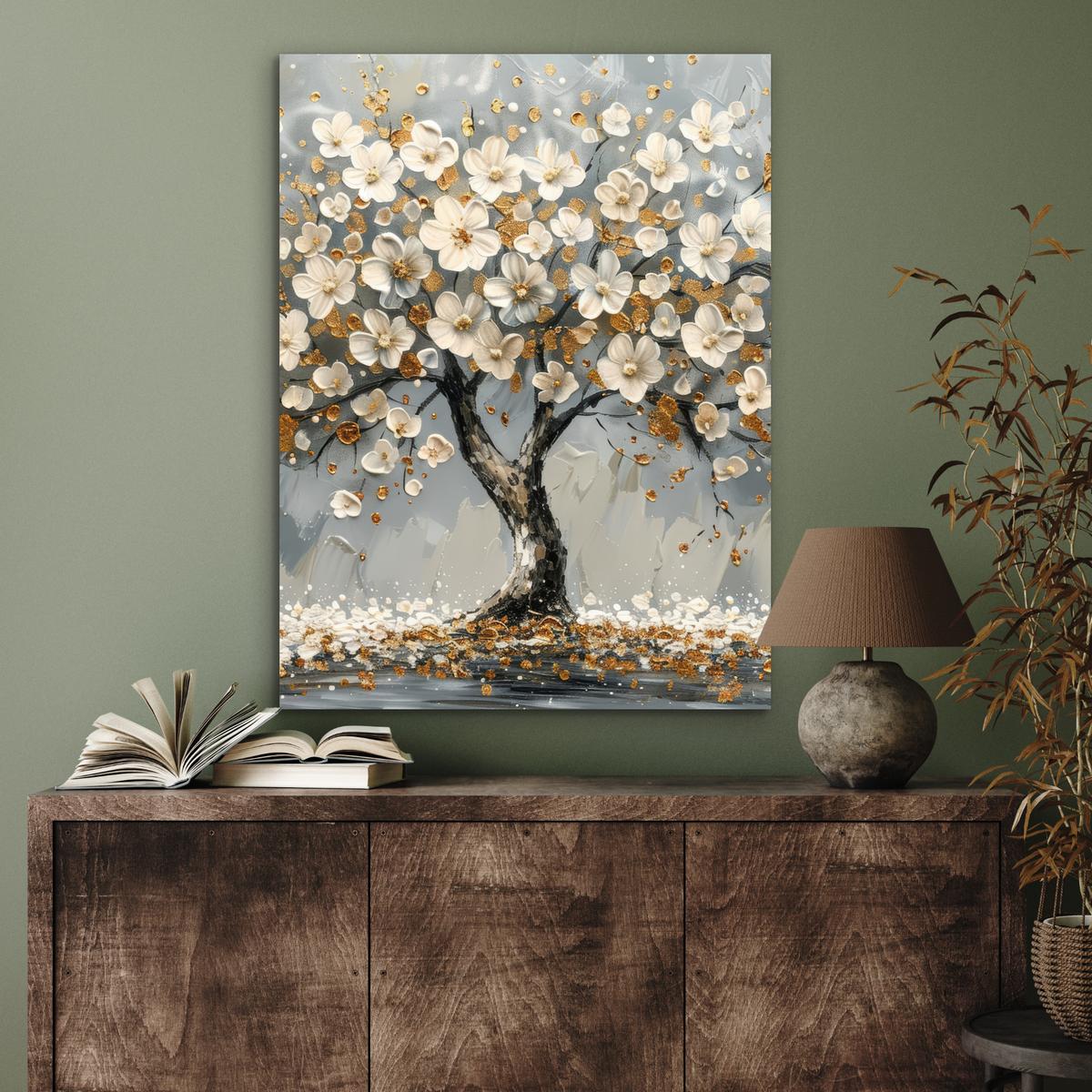 METALLBILD Baum - Blumen - Weiß - Natur - Kunst 60x80 cm - Weiß, Metall (60/80cm) - MuchoWow