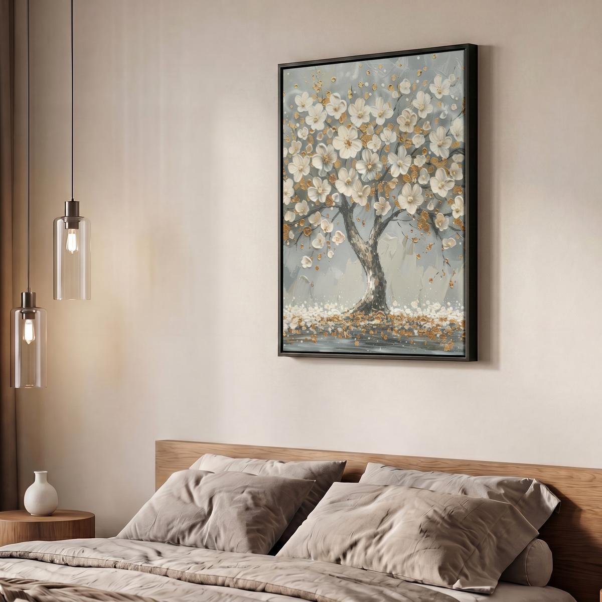 LEINWAND Bilder mit Rahmen - Baum - Blumen - Weiß - Natur - Kunst - 50x70 - Weiß, Textil (50/70cm) - MuchoWow