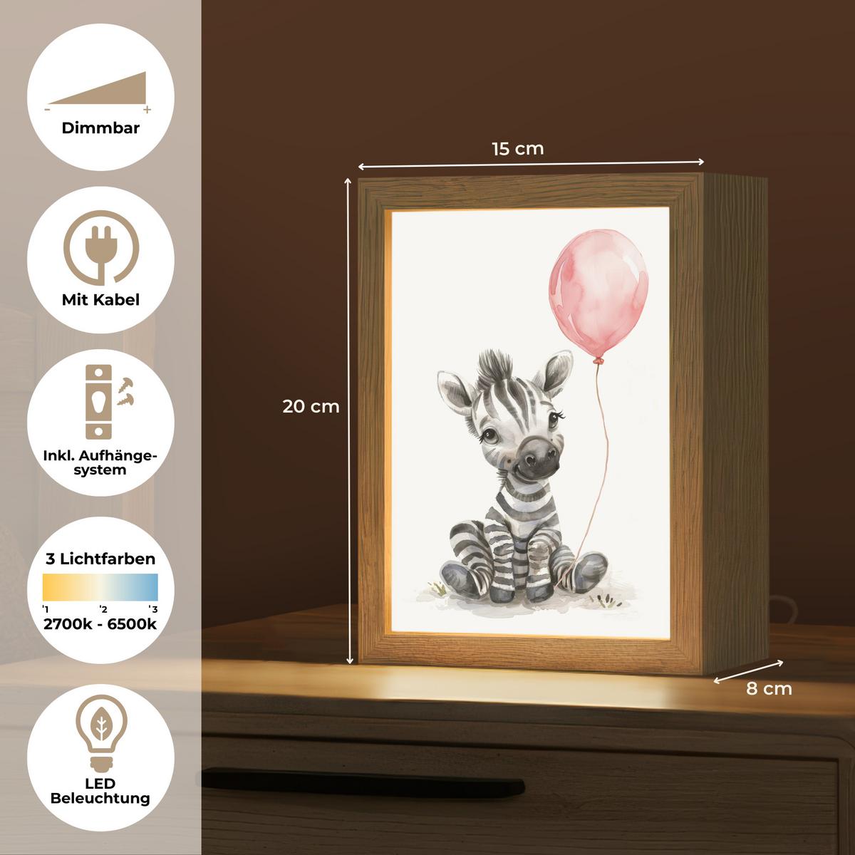 NACHTTISCHLAMPE Zebra - Baby - Tiere - Rosa Luftballon 15x20 cm - Weiß, Holzwerkstoff (8/15/20cm) - OnlyWow