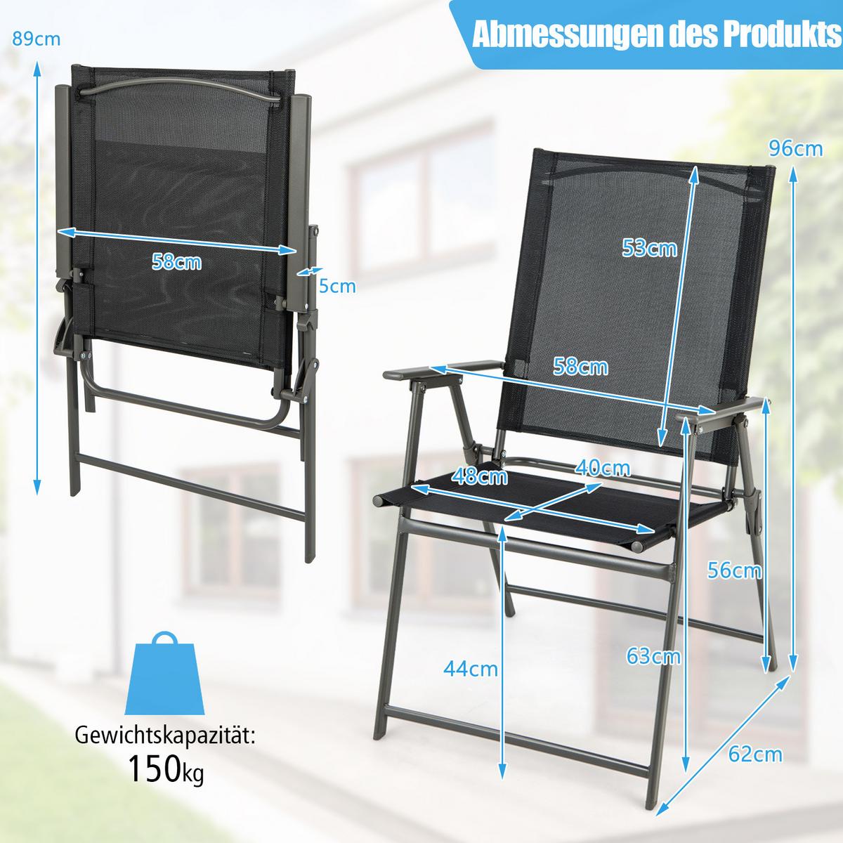 TERRASSENSTUHL Schwarz (2er-Set) - Schwarz, Metall (62/69/58cm) - COSTWAY