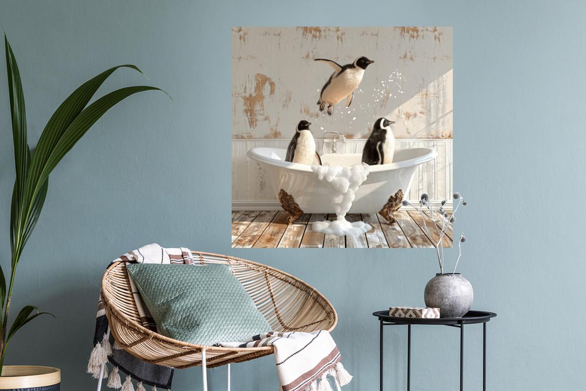WANDTATTOO Vintage - Pinguin - Badewanne - Schaumstoff Wanddeko 50x50 cm - Schwarz, Kunststoff (50/50/0.1cm) - MuchoWow