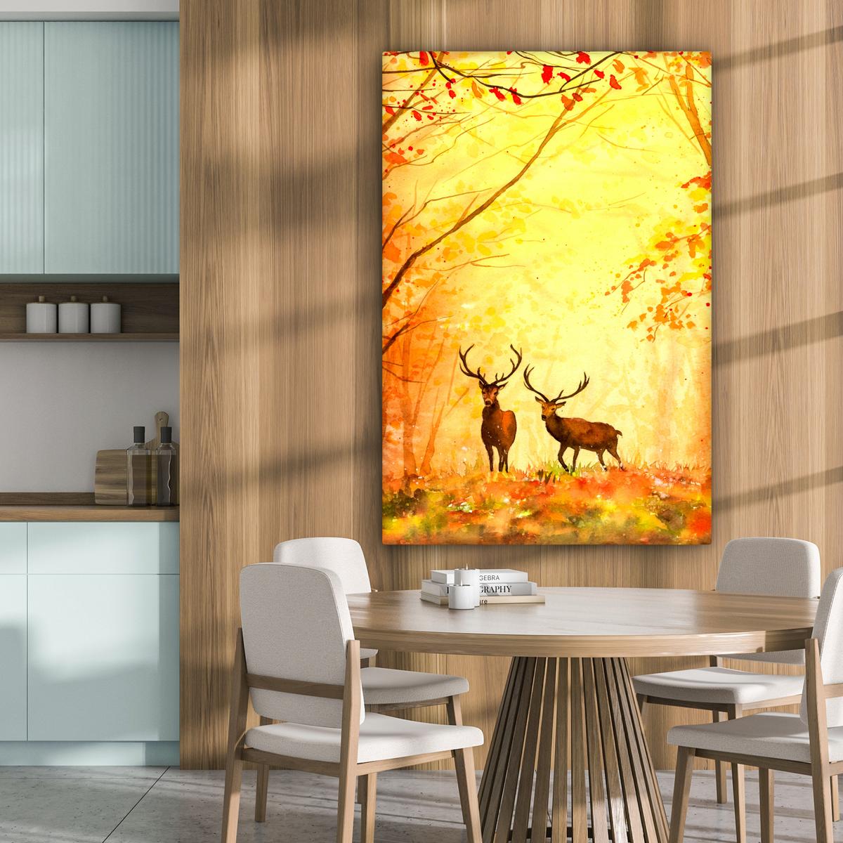 LEINWANDBILD Natur - Ölfarbe - Hirsche - Tiere - Herbst - Orange Deko XXL 80x120 cm - Orange, Textil (80/120cm) - MuchoWow