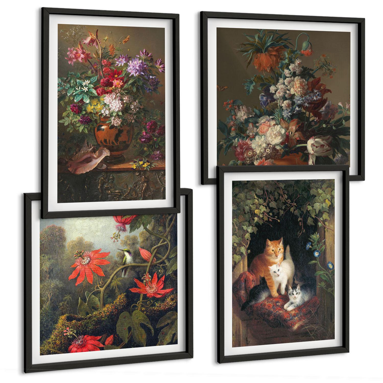 BILDER SET 4er Set - 50x50 cm & 40x60 cm Schwarzer Rahmen - Vintage-Blumen, Katzen, Pflanzen - Schwarz, Kunststoff (50/50cm) - TULUP