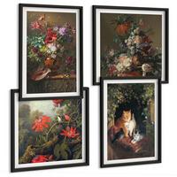BILDER SET 4er Set - 50x50 cm & 40x60 cm Schwarzer Rahmen - Vintage-Blumen, Katzen, Pflanzen - Schwarz, Kunststoff (50/50cm) - TULUP