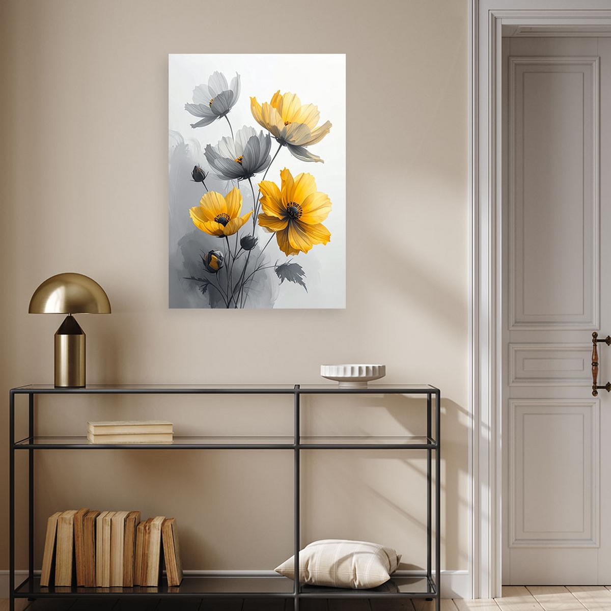 LEINWANDBILDER, Grau gelbe botanische Blumen - Gelb, Textil (70/100cm) - Feeby