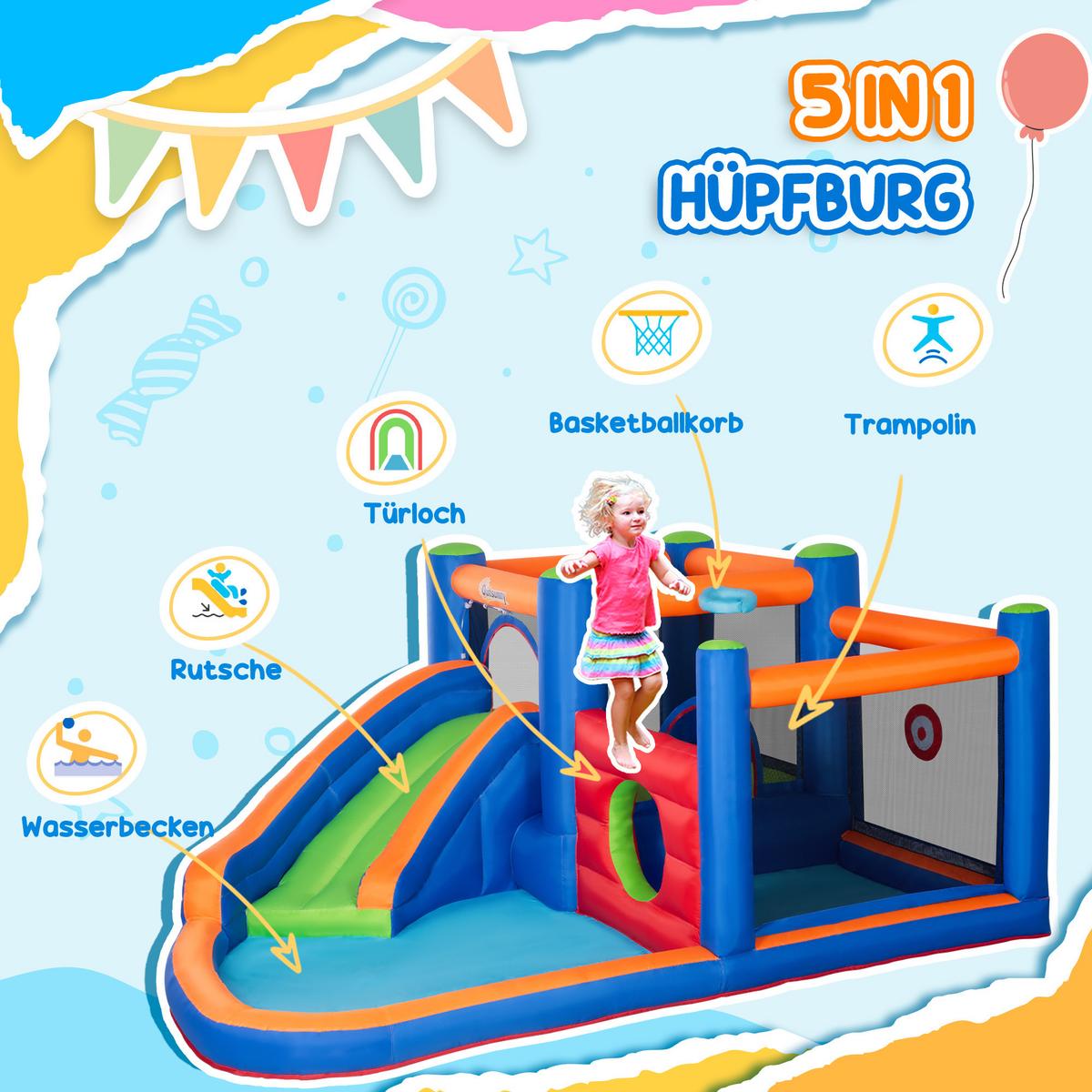 HÜPFBURG, Oxfordstoff, Mehrfarbig - Blau, Kunststoff (380/340/170cm) - Outsunny