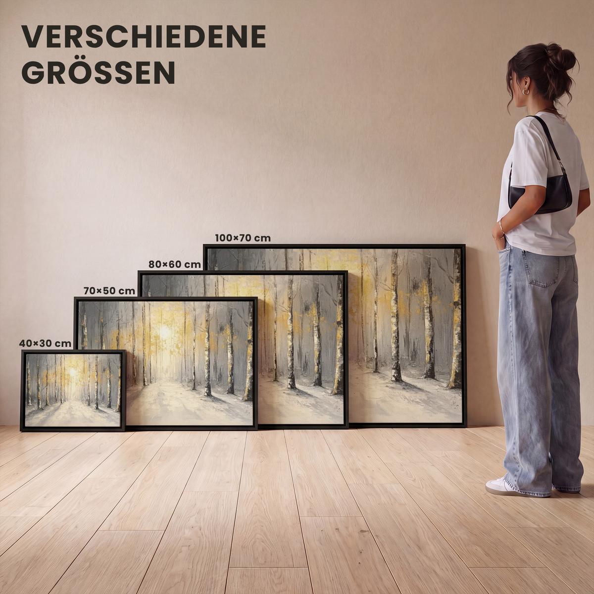 LEINWAND Bilder mit Rahmen - Winter - Abstrakt - Schnee - Natur - Sonne - 70x50 - Grau, Textil (70/50cm) - MuchoWow