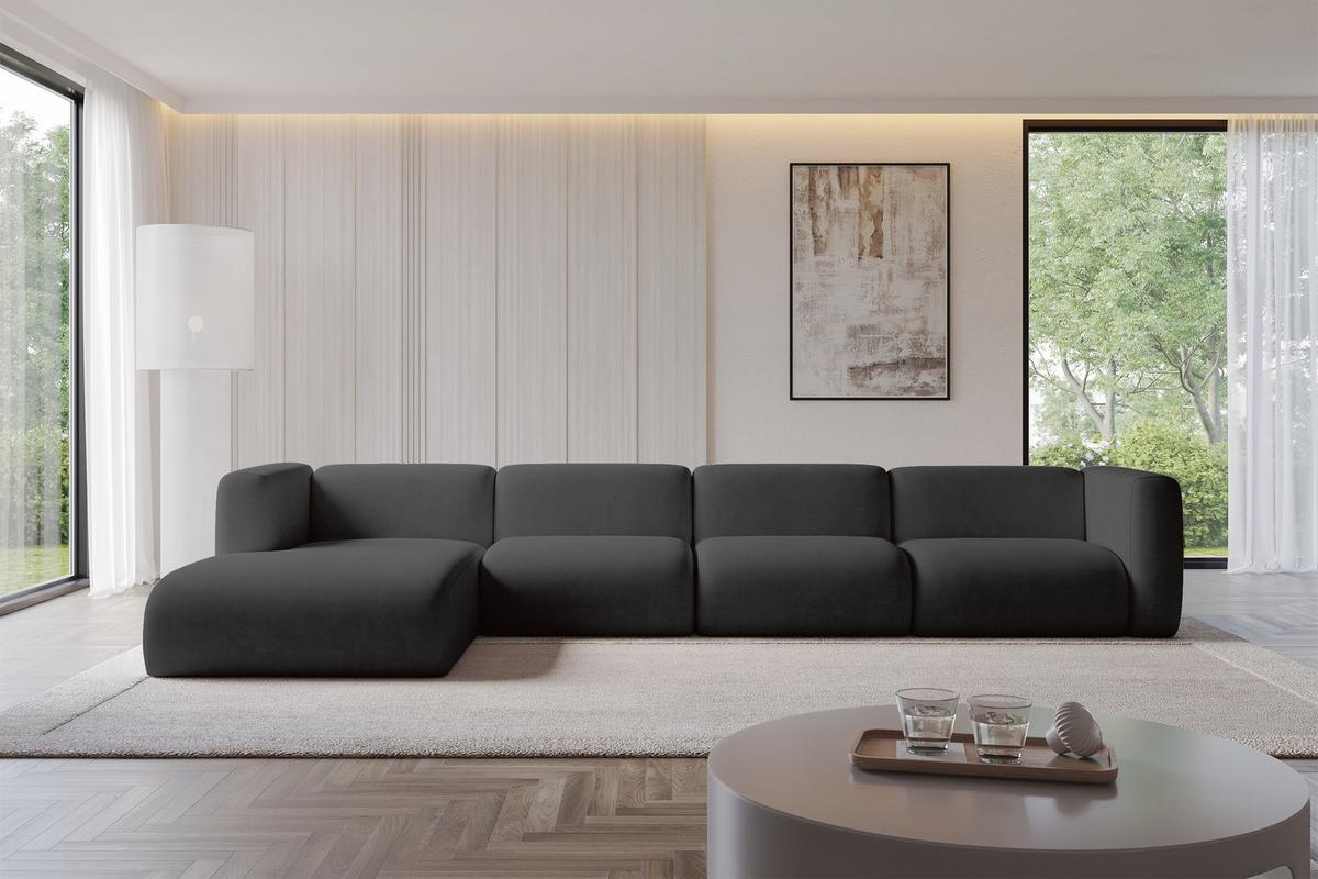 ECKSOFA Ottomane Links MIRA-L3 409x179x70 Schwarz Velours - Anthrazit/Schwarz, Holzwerkstoff/Kunststoff (409/179cm) - ALTDECOR