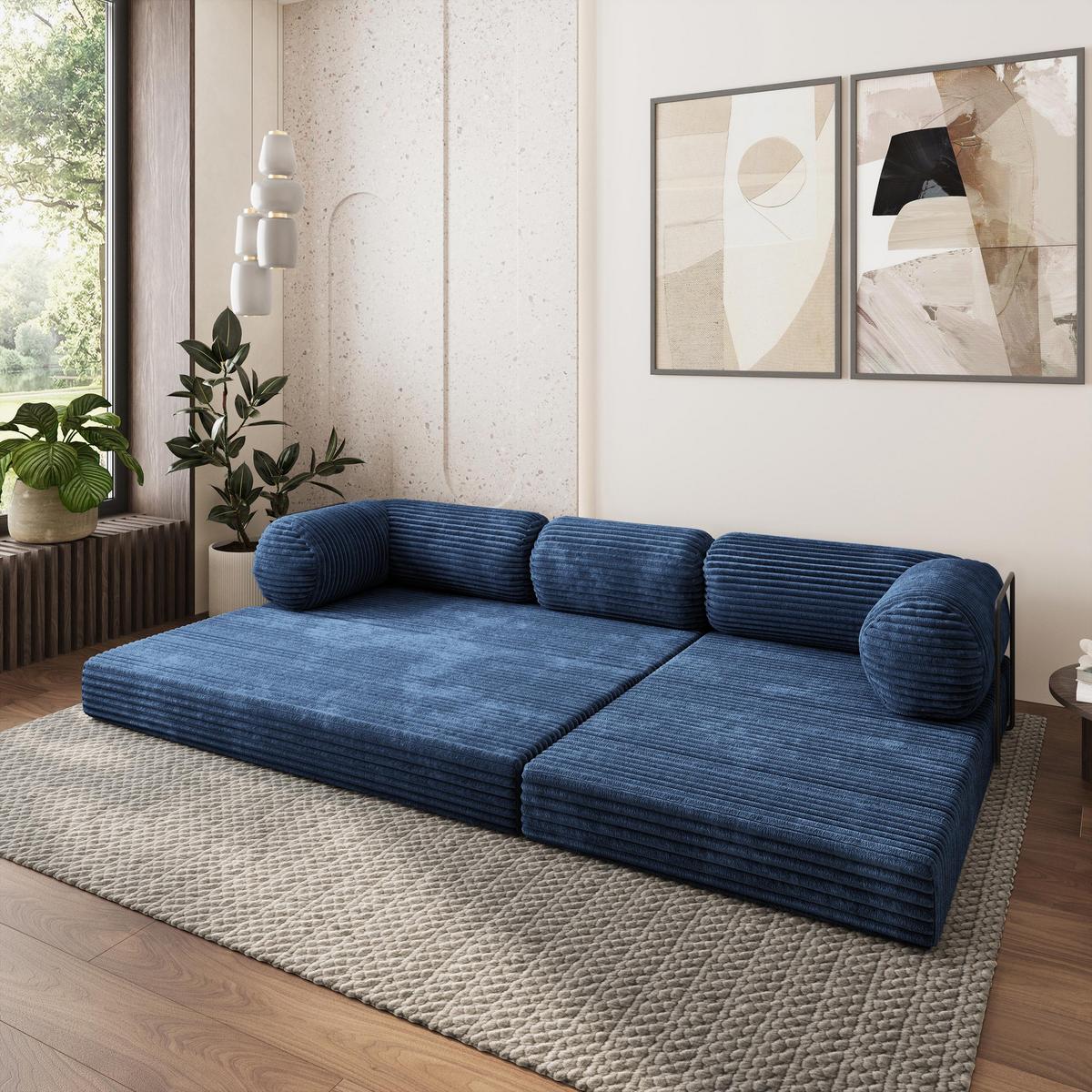 ECKSOFA ETERA modulares Boneless Sofa mit Schlaffunktion Blau Kordstoff - Blau, Textil (270/160cm) - MASSENO