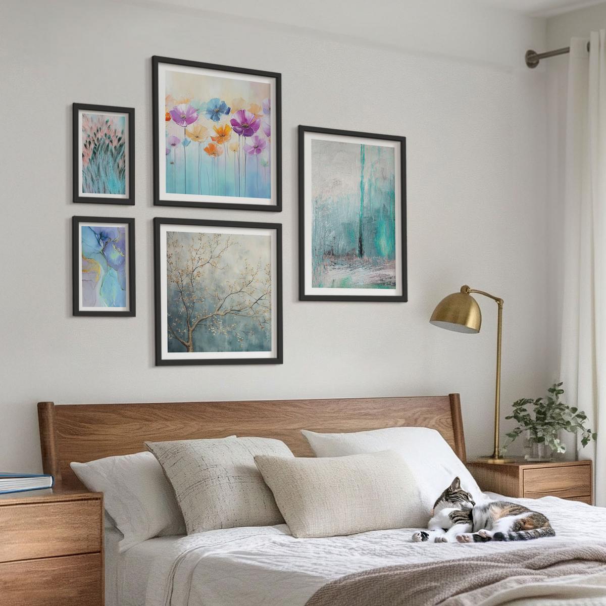 BILDER SET 5er Set - 50x50 cm & 20x30 cm & 40x60 cm Schwarzer Rahmen - Leuchtturm, Landschaft, Mädchen, Pferd - Schwarz, Kunststoff (40/60cm) - TULUP