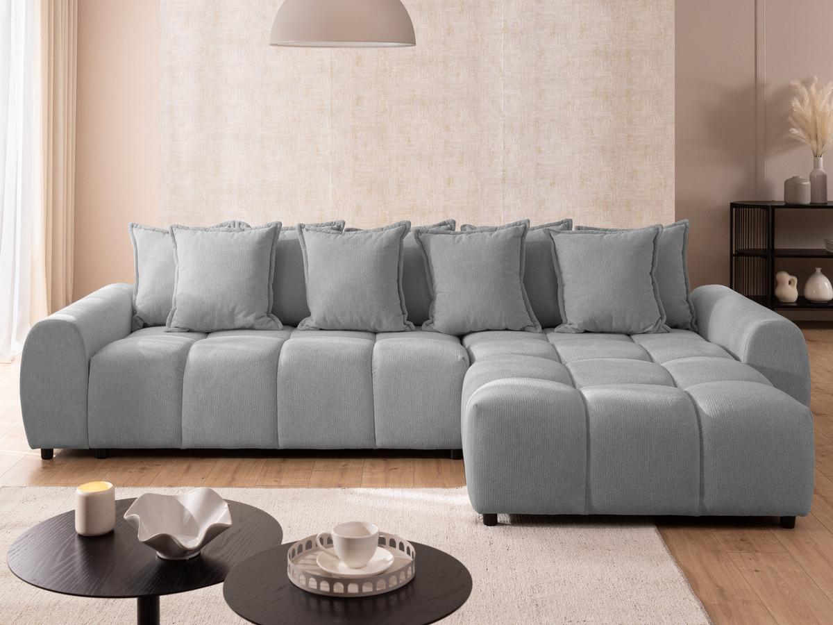 ECKSOFA Bubble mit losen Rückenkissen und Sitzfläche in Bubble-Optik aus weichem Grau Strukturstoff mit schöner Sitzkomfort - Ottomane rechts - Schwarz/Grau, Holz/Kunststoff (306/180cm) - S-Style Möbel