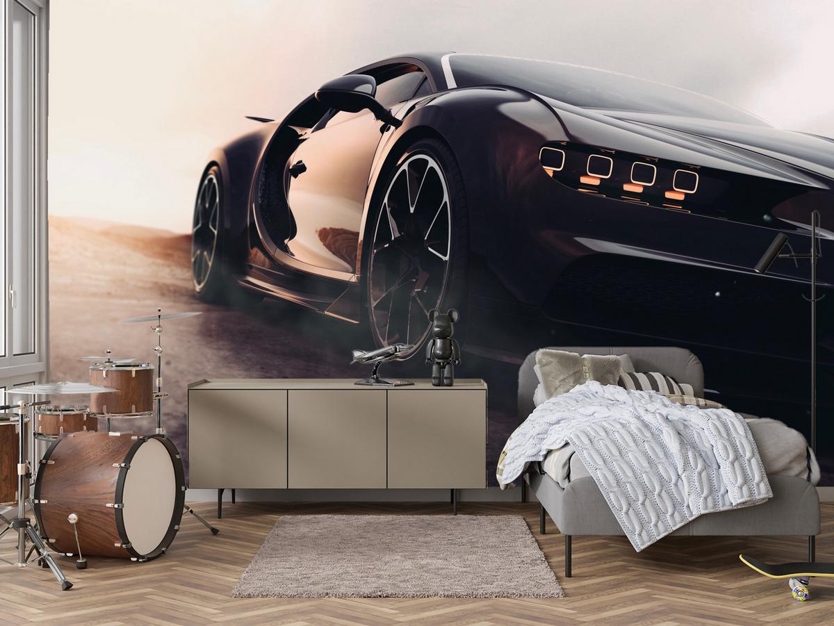 FOTOTAPETE für Jugendzimmer Schwarzer Sportwagen Wüste Luxus Auto Sand 500x350 - Gelb/Weiß, Papier (500/350cm) - Muralo