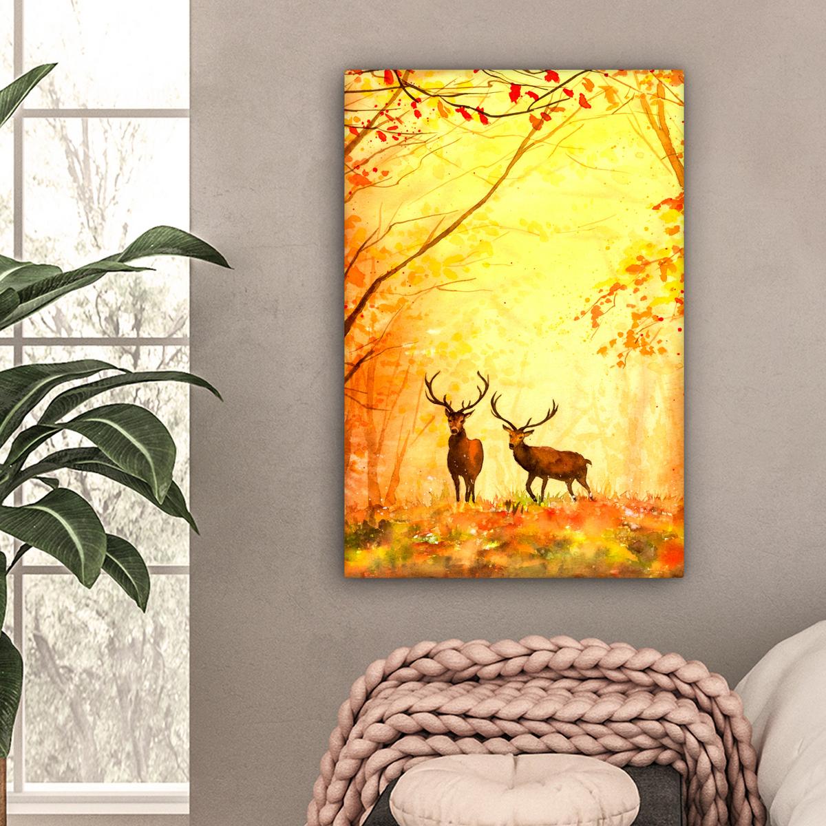 LEINWANDBILD Natur - Ölfarbe - Hirsche - Tiere - Herbst - Orange Wanddeko Schlafzimmer 60x90 cm - Orange, Textil (60/90cm) - MuchoWow