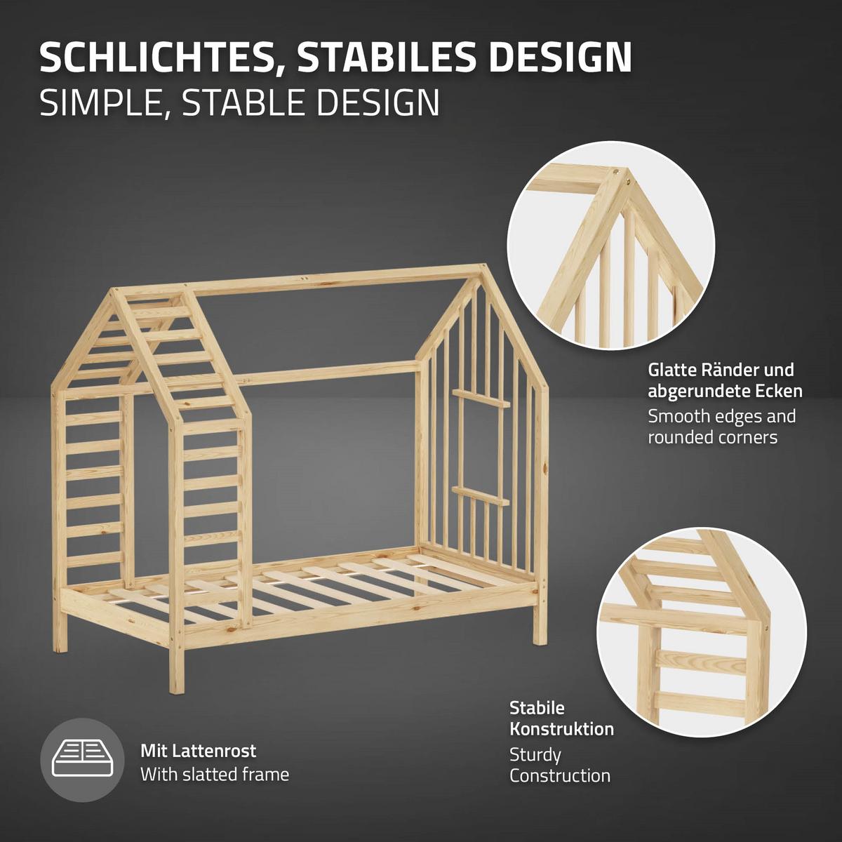 KINDERBETT 80x160 cm mit Lattenrost Dach und Fenster Hausbett aus massivem Kiefernholz Natur - Naturfarben, Holz (80/160cm) - ML-DESIGN