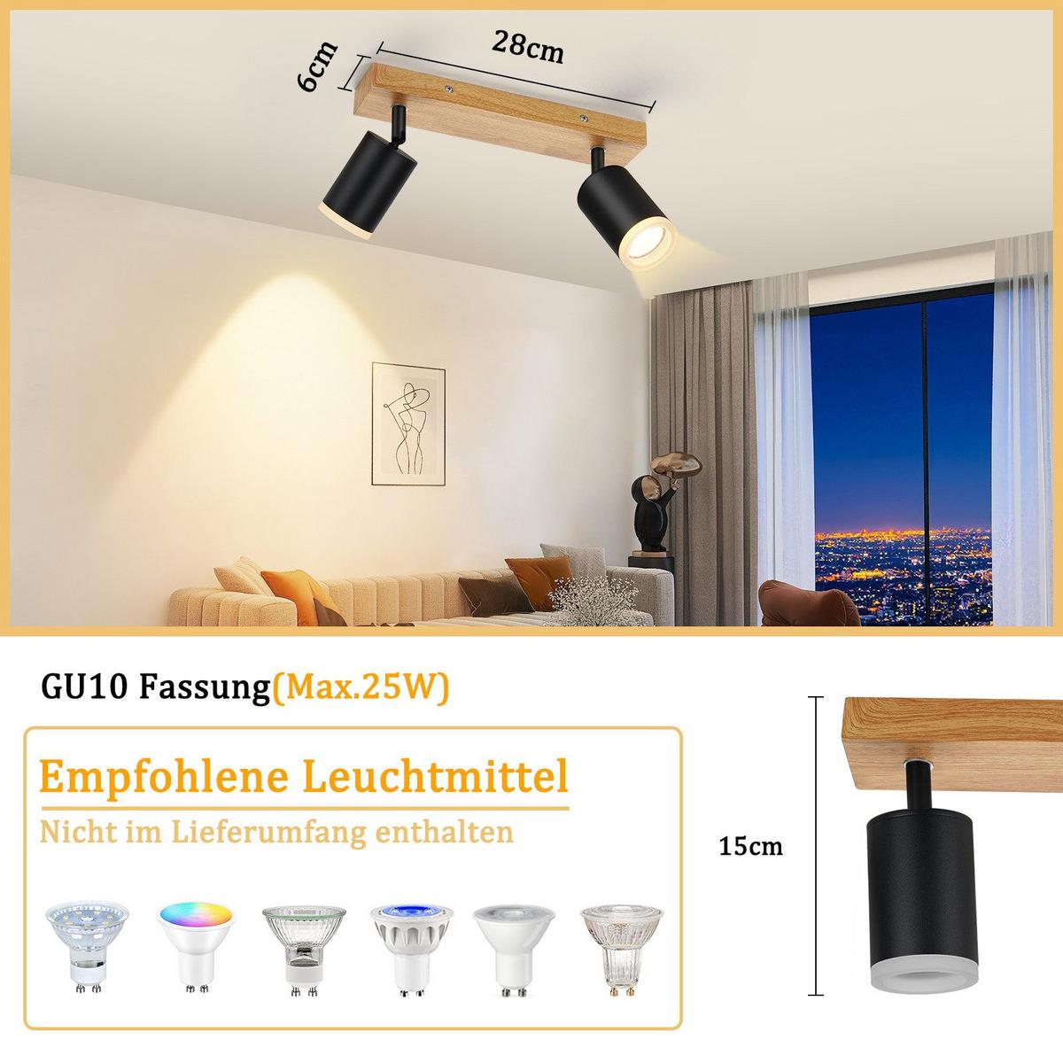 DECKENSTRAHLER Darmstadt 2-flammig 28/6/15 cm - Schwarz, Holz (28/6/15cm) - Nettlife