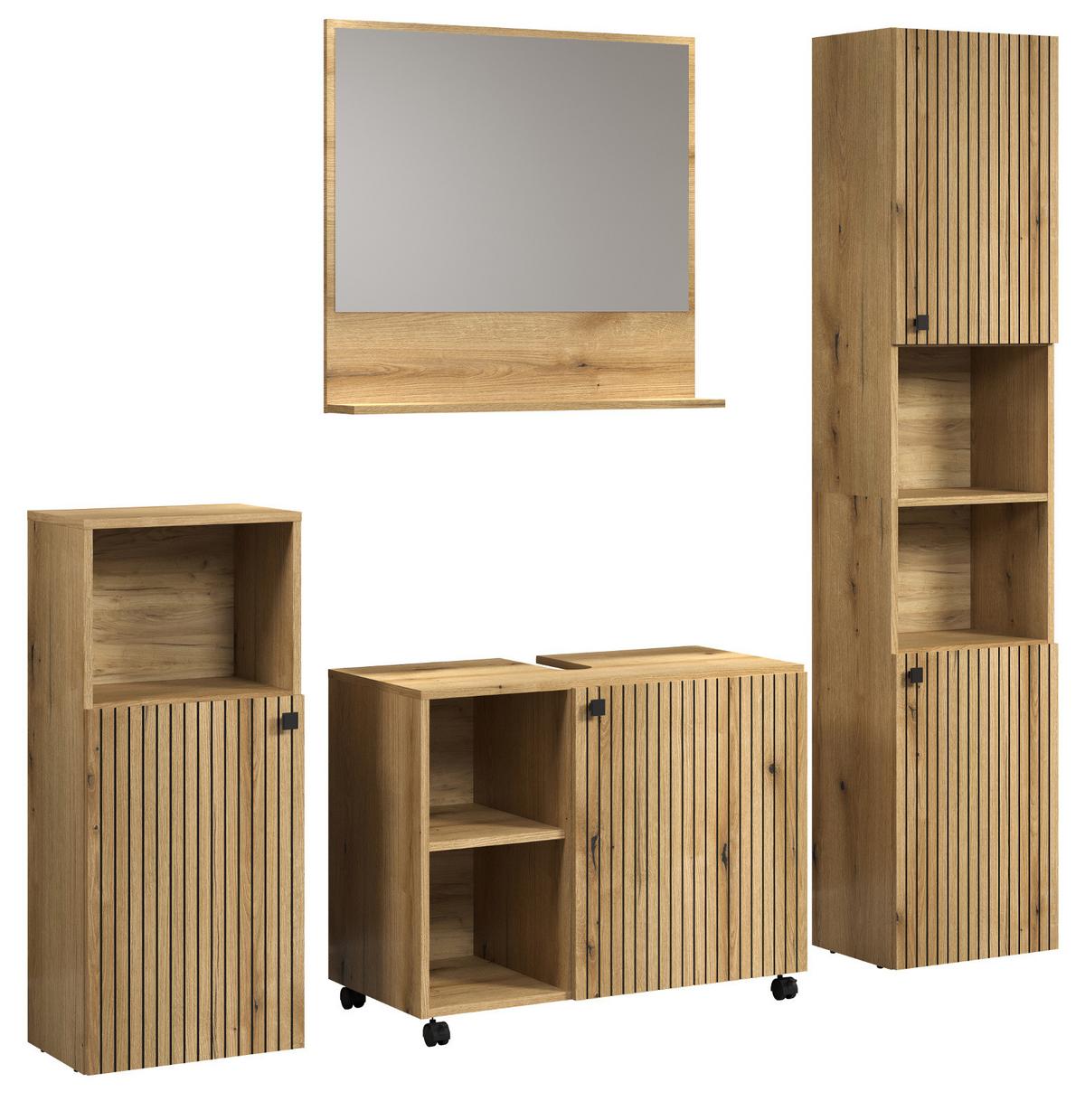 BADMÖBEL-SET Evoke Eiche 4-teilig 180 x 190 cm, Badkombination mit viel Stauraum - Eichefarben/Schwarz, Glas/Holzwerkstoff (40/190/180cm) - Top.Furn