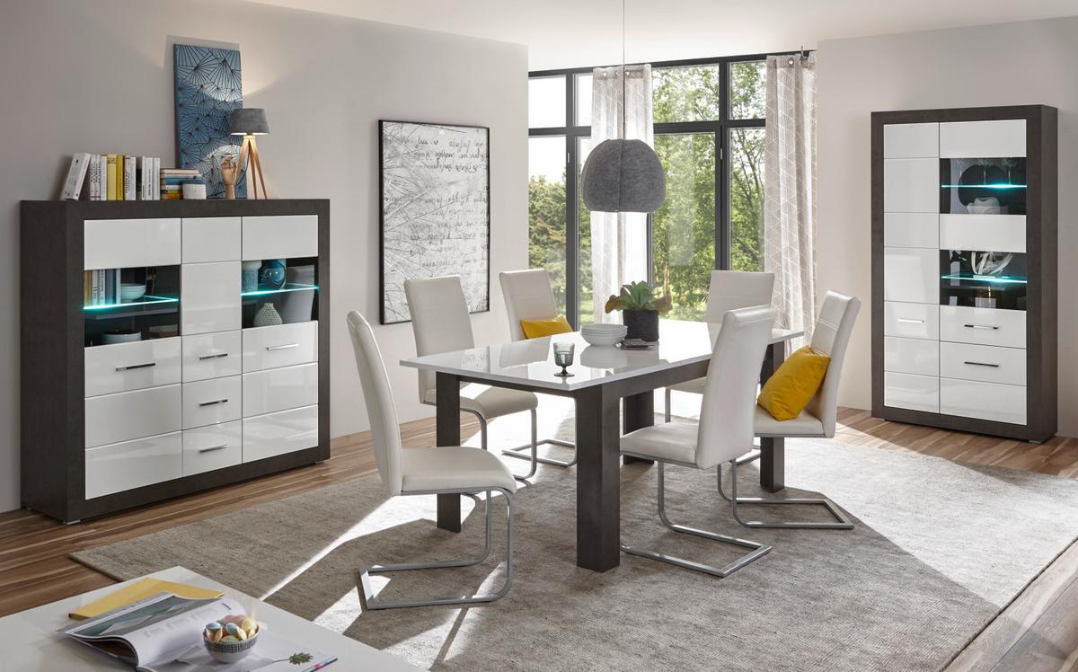 ESSTISCH weiß Hochglanz, grau Stone 158 - 200 cm, Küchentisch ausziehbar - Weiß Hochglanz/Grau, Holzwerkstoff (158/88/75cm) - Furn.Design