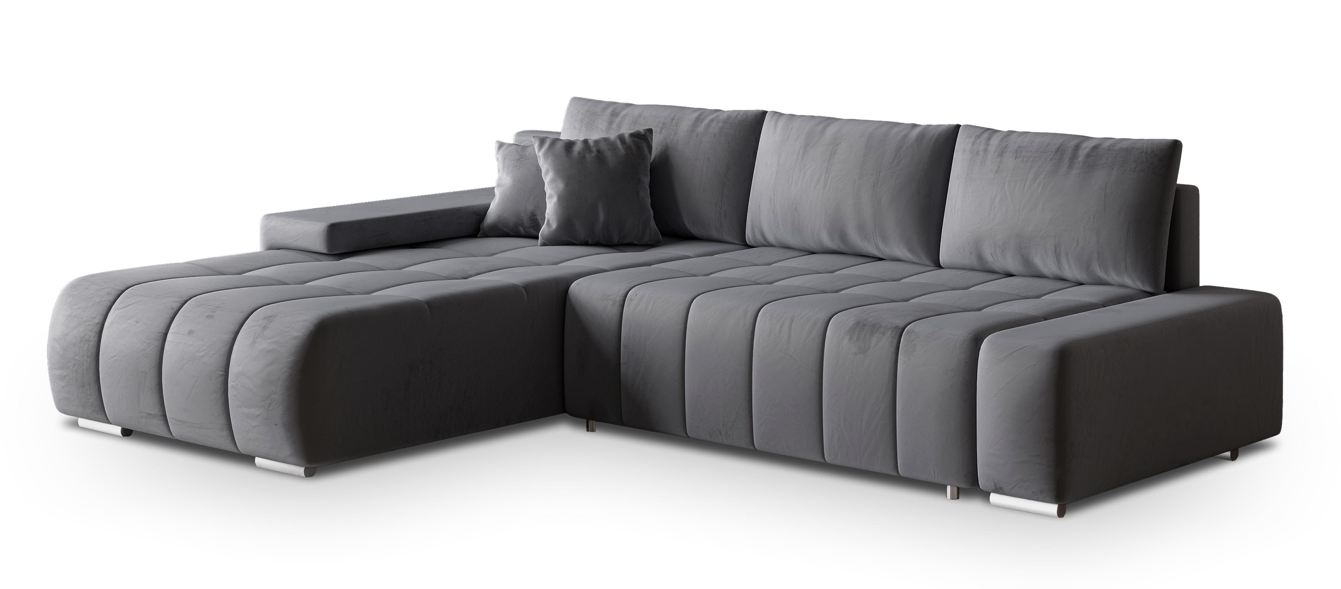 ECKSOFA ALESE L-S Grau Velours-Stoff mit Schlaffunktion - Silberfarben/Grau, Holz/Textil (265/185cm) - MASSENO