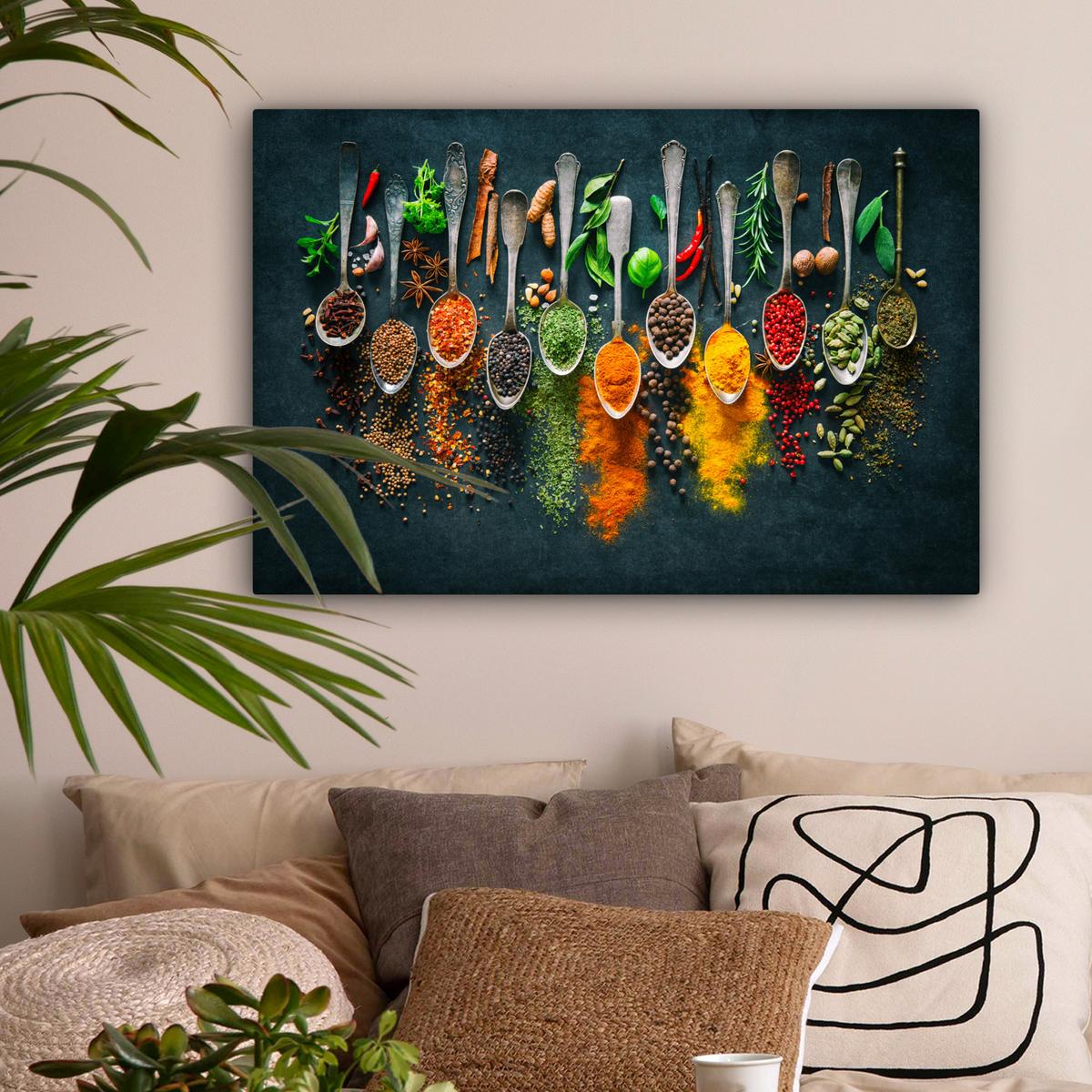 LEINWANDBILD Kräuter - Gewürze - Löffel Wanddeko 90x60 cm - Currygelb, Textil (90/60cm) - MuchoWow