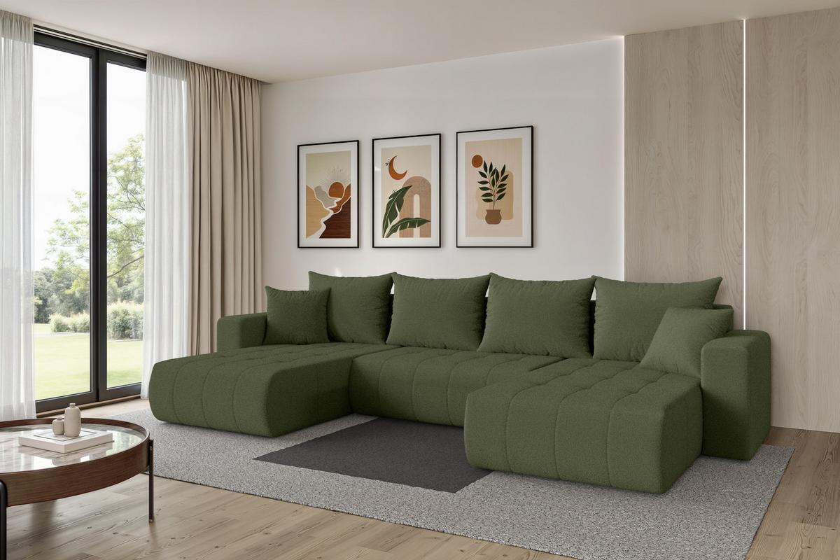 WOHNLANDSCHAFT mit Schlaffunktion und Bettkasten MILA-U 378x194x86 Grün Bouclé - Schwarz/Olivgrün, Holzwerkstoff/Kunststoff (378/86/194cm) - ALTDECOR