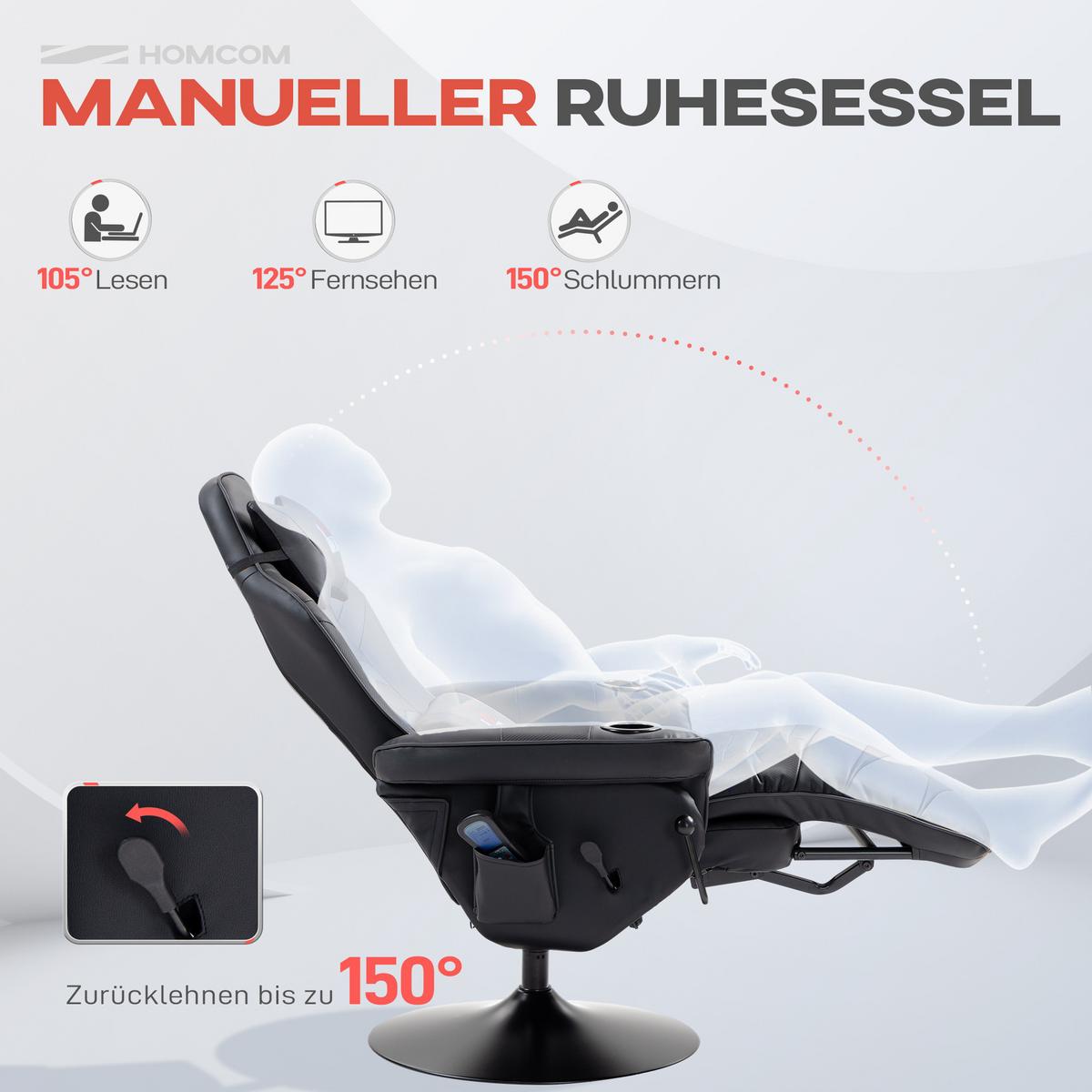 RELAXSESSEL mit Massagefunktion, Elektrisch Fernsehsessel mit Liegefunktion - Schwarz, Leder/Kunststoff (82.5/111.5/78cm) - HOMCOM