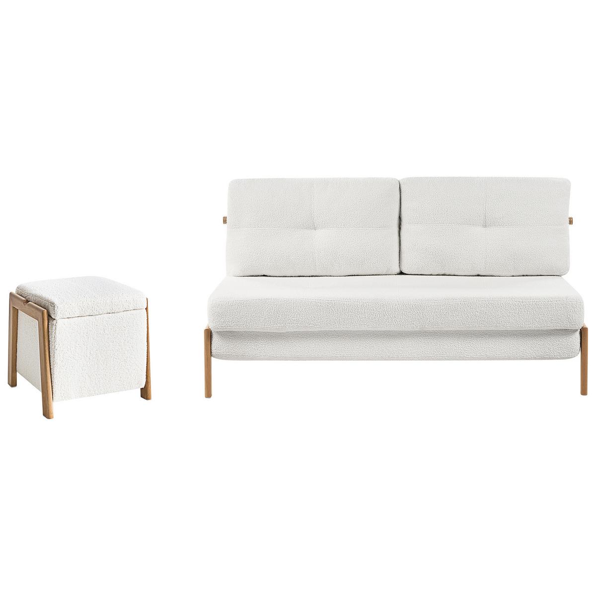 SOFA-SET 3-Sitzer mit Pouf Bouclé Weiß Edland - Weiß/Braun, Textil (152/92/76cm) - Beliani