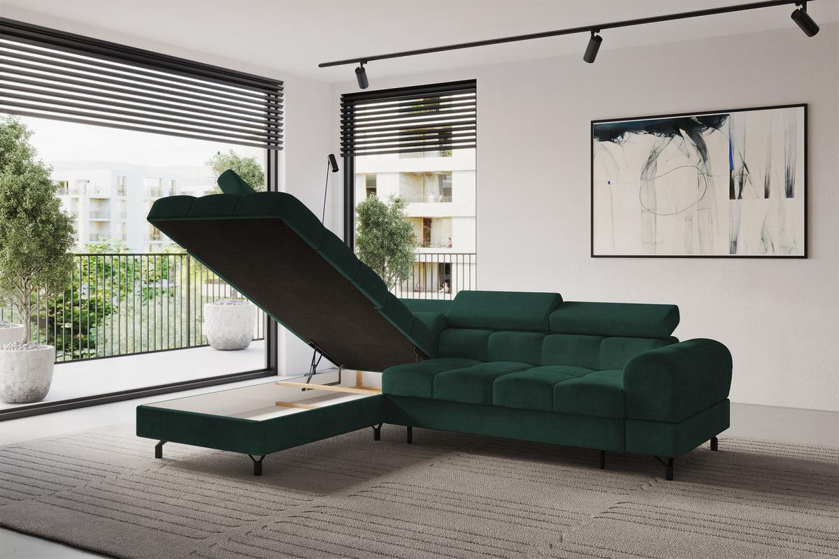 ECKSOFA mit Schlaffunktion Ottomane Links LUMA-L 272x203x70 Grün Velours - Schwarz/Grün, Holzwerkstoff/Kunststoff (272/203cm) - ALTDECOR