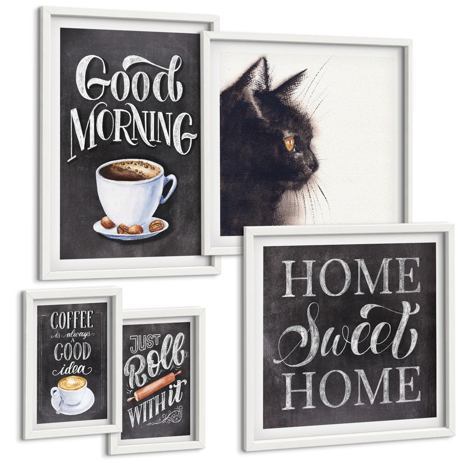 BILDER SET 5er Set - 50x50 cm & 20x30 cm & 40x60 cm Weißer Rahmen - Hausküchenthemen Katze - Weiß, Kunststoff (40/60cm) - TULUP