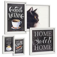 BILDER SET 5er Set - 50x50 cm & 20x30 cm & 40x60 cm Weißer Rahmen - Hausküchenthemen Katze - Weiß, Kunststoff (40/60cm) - TULUP