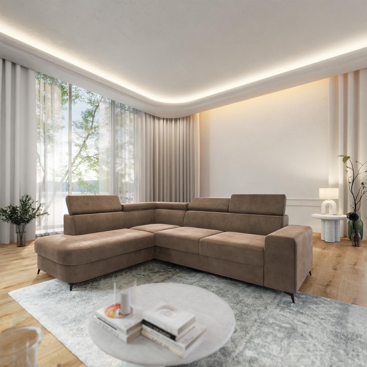 ECKSOFA ALVORO L-S Beige Velours-Stoff mit Schlaffunktion - Beige, Holz (253/190cm) - MASSENO