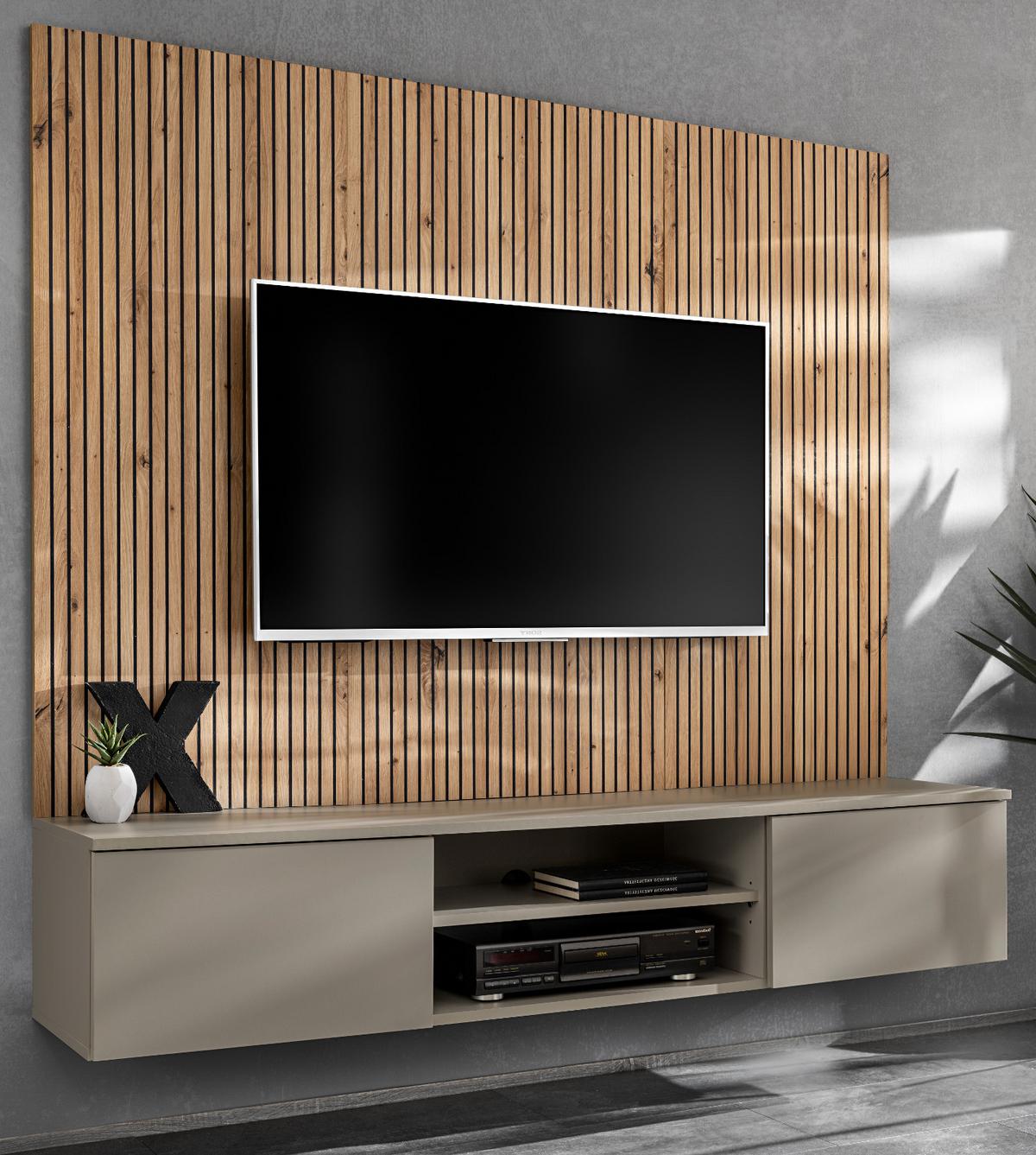 TV-LOWBOARD Lehm-Grau, Eiche Artisan 160 cm hängend, Set inklusive Wandpaneel - Hellgrau/Eiche Artisan, Holzwerkstoff (160/148/35cm) - Inn.Furn