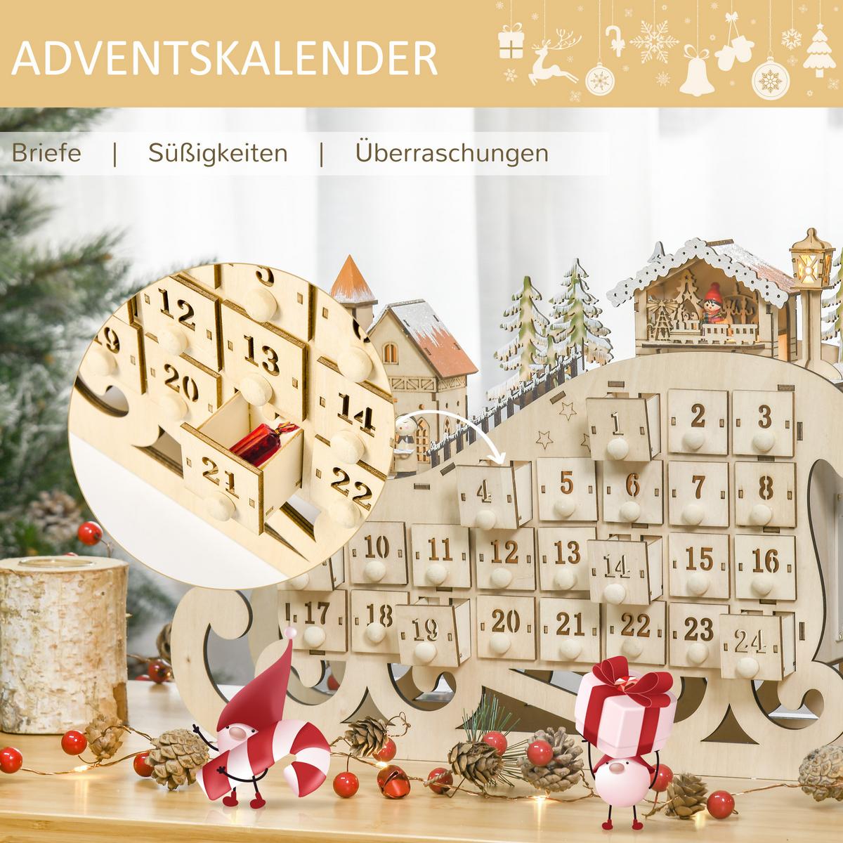 ADVENTSKALENDER Weihnachtskalender 24 Schubladen mit LED Schlitten-From - Naturfarben, Holz (10/31/45cm) - HOMCOM