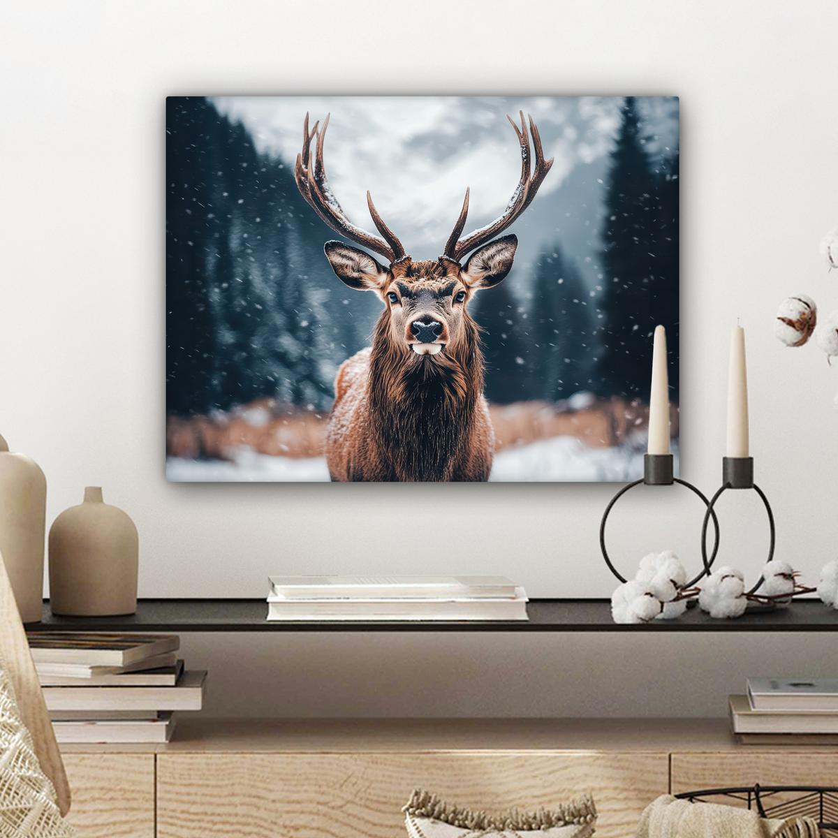 LEINWANDBILD Hirsche - Tiere - Landschaft - Winter - Schnee Wandbild 40x30 cm - Kastanienfarben, Textil (40/30cm) - MuchoWow