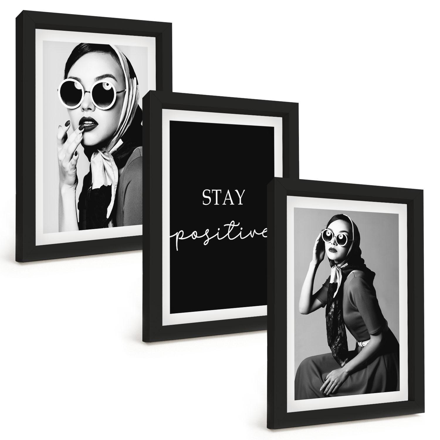 BILDER SET 3er Set - 20x30 cm Schwarzer Rahmen - Stilvolle Porträts von Frauen mit Brille - Schwarz, Kunststoff (20/30cm) - TULUP