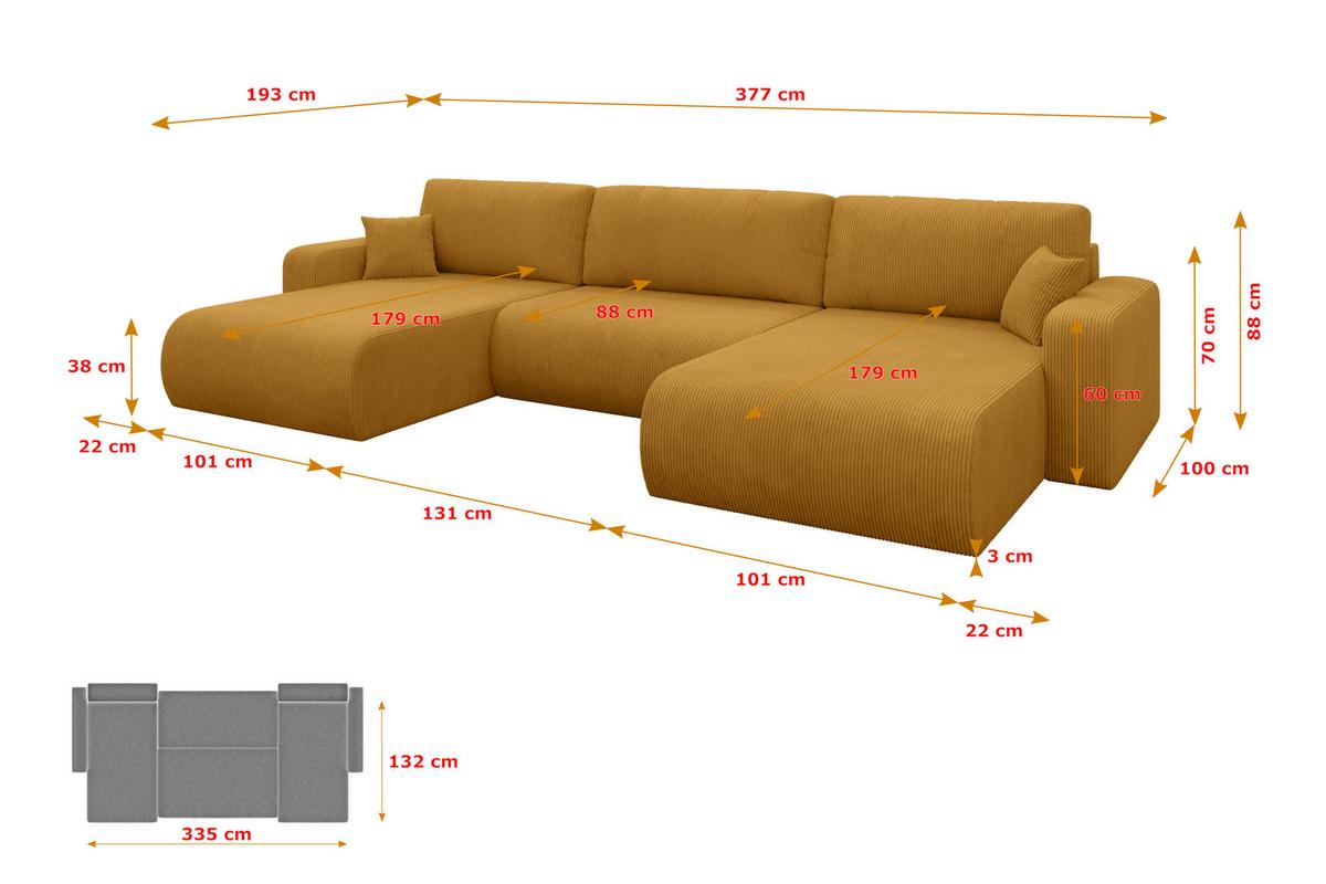 WOHNLANDSCHAFT mit Schlaffunktion und Bettkasten BERY-U 377x193x88 Senfgelb Cord - Dunkelgelb/Schwarz, Holzwerkstoff/Kunststoff (377/88/193cm) - ALTDECOR