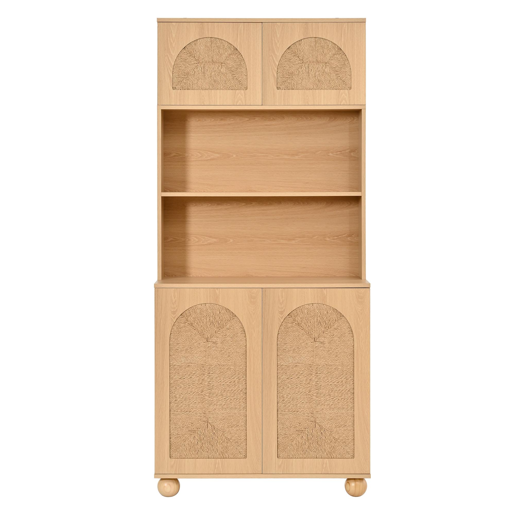 KÜCHENSCHRANK Hochschrank Natur mit Geflecht-Türen & offenen Fächern 80x180cm - Naturfarben, Holzwerkstoff (80/180/40cm) - Urban Meuble