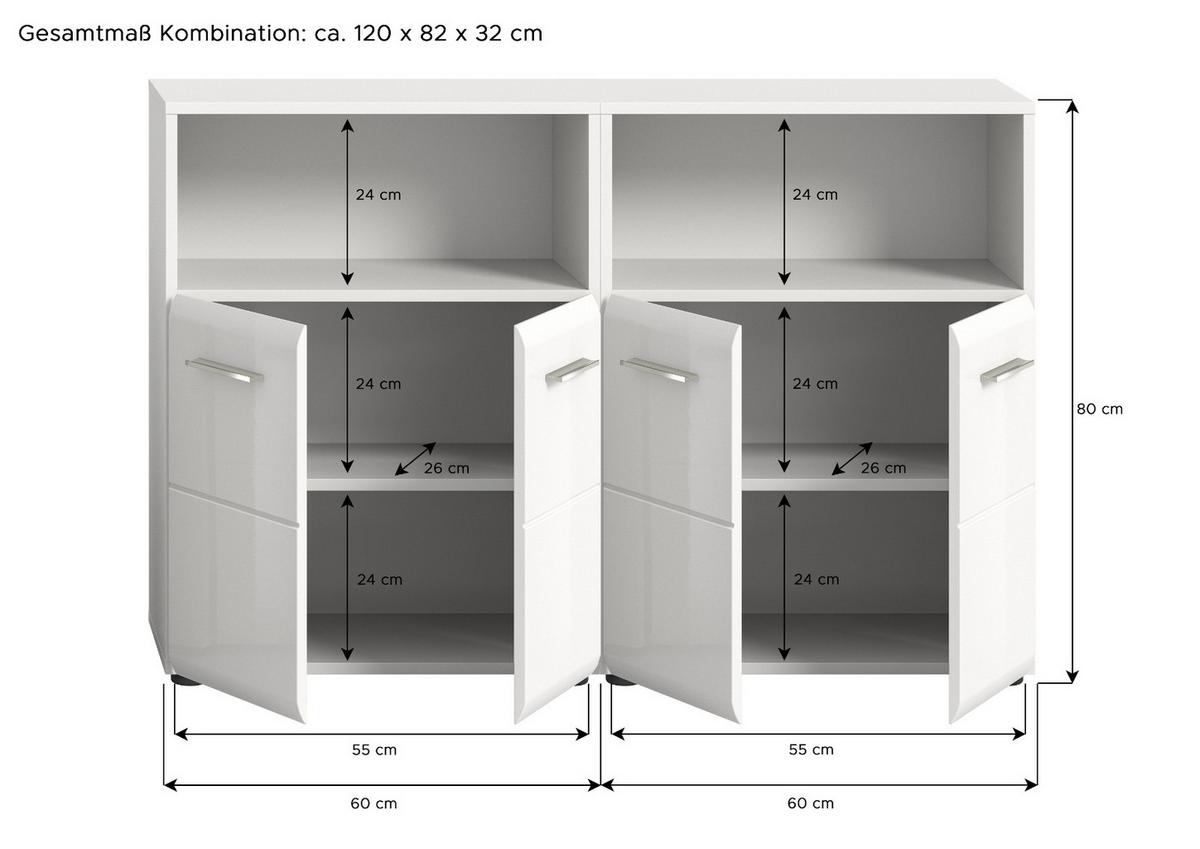 BADKOMMODE weiß Hochglanz 4-türig 120 x 106 cm, Set 2x Badezimmer Kommode - Weiß Hochglanz/Silberfarben, Holzwerkstoff/Kunststoff (120/80/30cm) - Inn.Furn