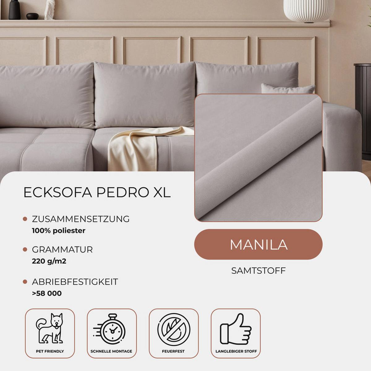 ECKSOFA PEDRO mit Schlaffunktion und Bettkasten Hellgrau - Grau, Holzwerkstoff/Textil (278/145cm) - Idohome