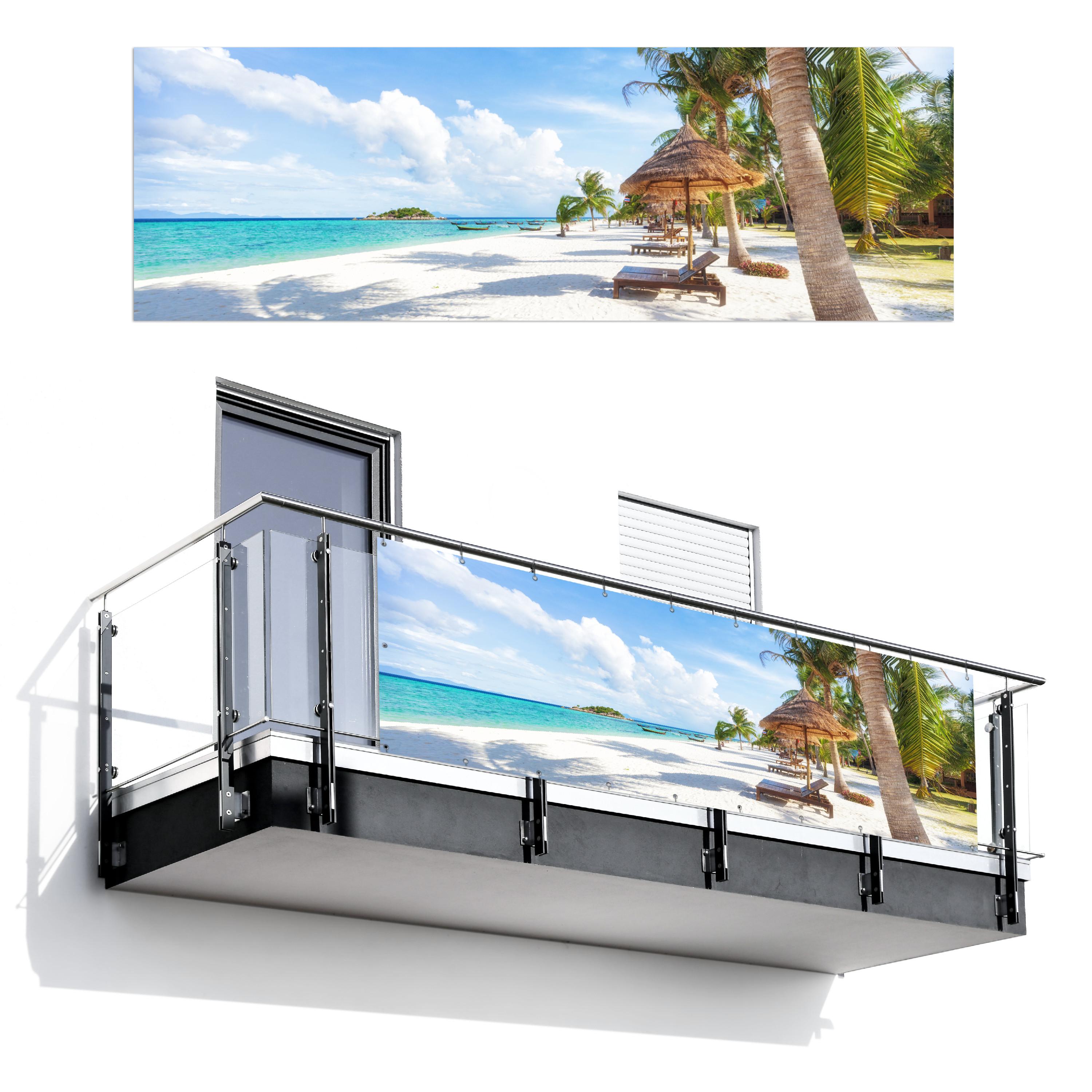 BALKON-SICHTSCHUTZ Strand - Meer - Palmen Windschutz 300x100 cm - Hellblau, Kunststoff (300/100cm) - MuchoWow