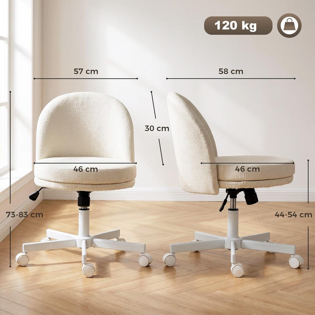 SCHREIBTISCHSTUHL Polyester Cremeweiß - Creme/Weiß, Textil/Metall (57/83/58cm) - HOMCOM
