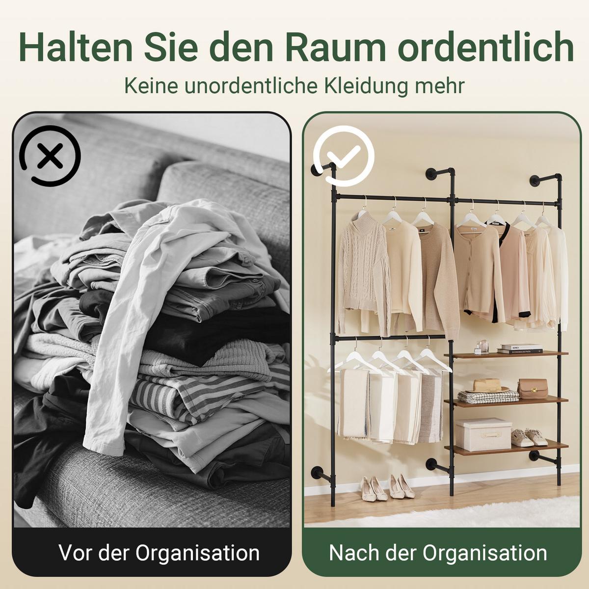 WANDGARDEROBE & Kleiderständer 220x168 cm, 3 Stangen und 3 Böden in Holzoptik, Schwarzes Stahlrohr, Industrial, Flur & Schlafzimmer - Schwarz, Kunststoff (168/220/46cm) - SoBuy