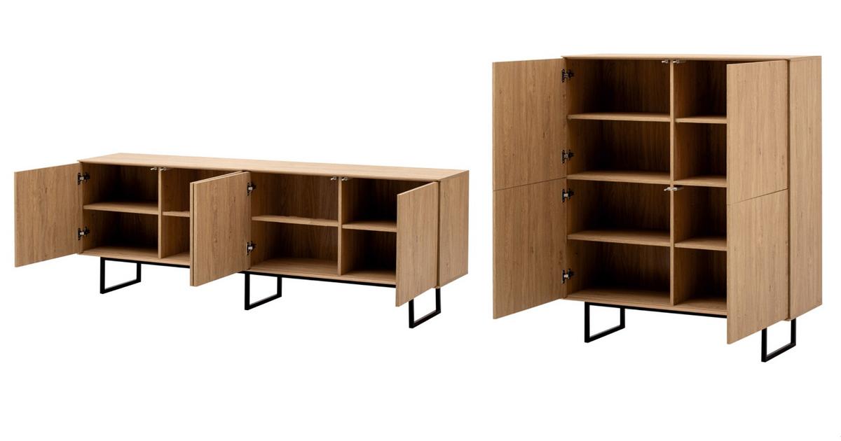 WOHNWAND in Eiche Dekor, Wohnzimmer Set mit TV Lowboard 200 cm und Highboard 4-türig, Push-To-Open - Eichefarben/Schwarz, Holzwerkstoff/Metall (330/137/40cm) - Furn.Design
