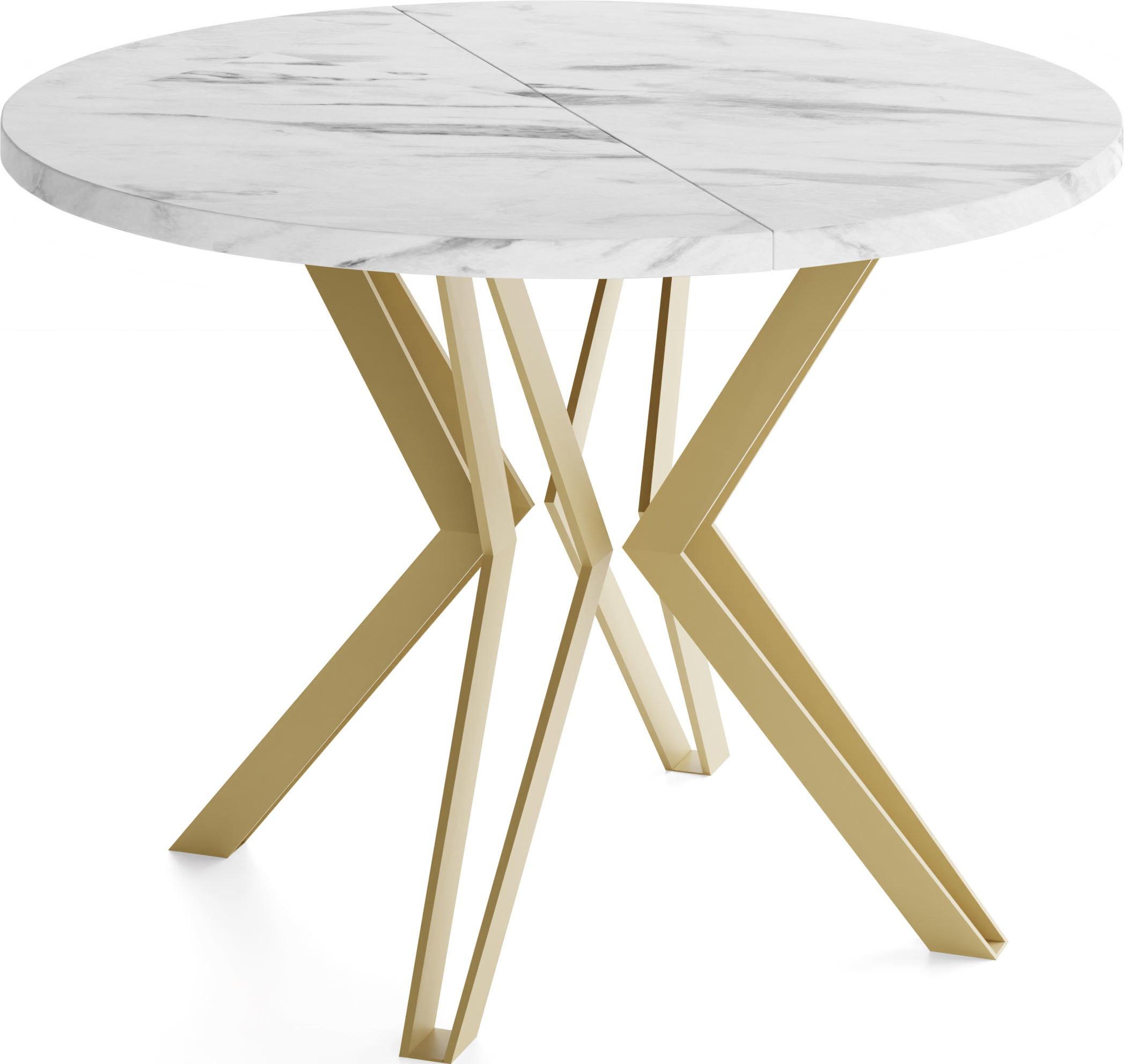 ESSTISCH Daisy runder ausziehbarer, Marmor Weiß 120-200/100/76 cm - Ecru/Goldfarben, Holzwerkstoff/Metall (120/200/76cm) - WFL GROUP
