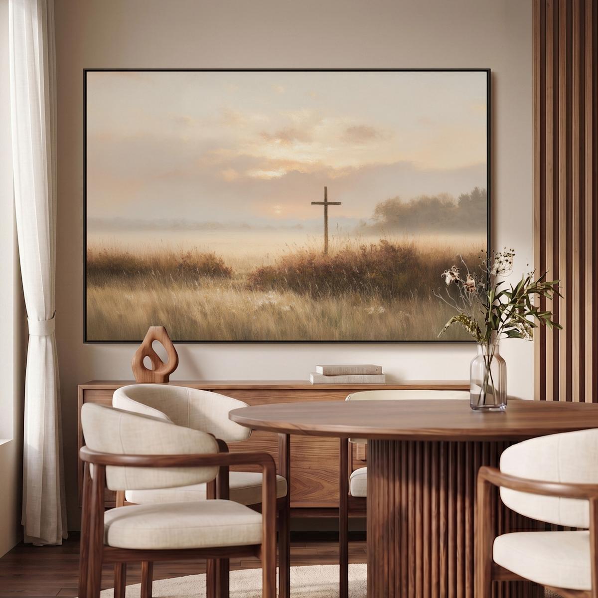 LEINWAND Bilder mit Rahmen - Gras - Morgennebel - Kreuz - Christentum - 120x80 - Beige, Textil (120/80cm) - MuchoWow