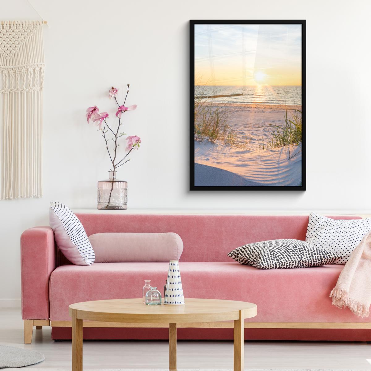 POSTER MIT RAHMENGERAHMTES BILD Strand - Sonne - Düne - Gras - Sand - Horizont 60x90 cm - Hellblau, Papier (60/90cm) - MuchoWow